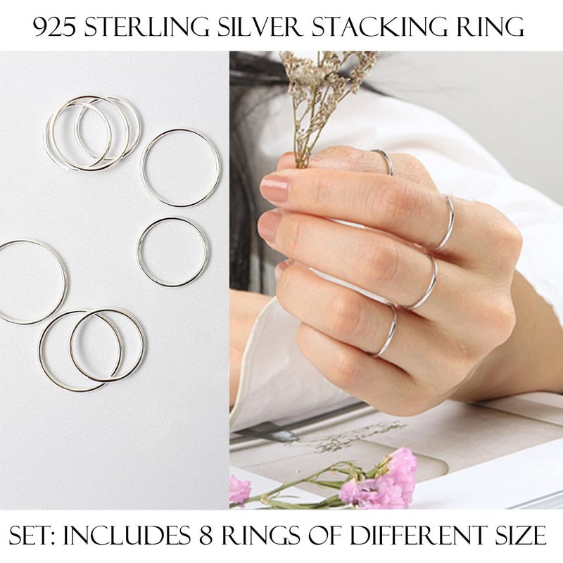 CANDYFANCY 925 Sterling Silver 1.2mm Stacked Midi Thin Rings for Women Knuckle Ring Band Stacking Ring Set Size 2.5-8.5 (Silver 8 Pcs) - Image 4